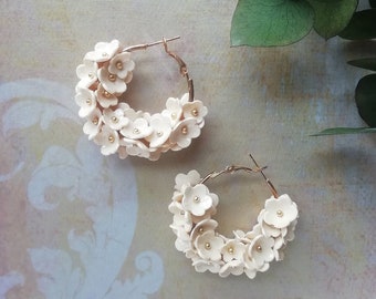 Flower bridal earrings, Wedding hoop earrings, Statement earrings