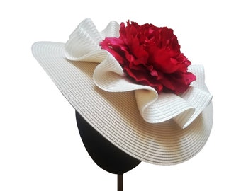 Beige, ivory and red wedding headpiece, Peony flower fascinator