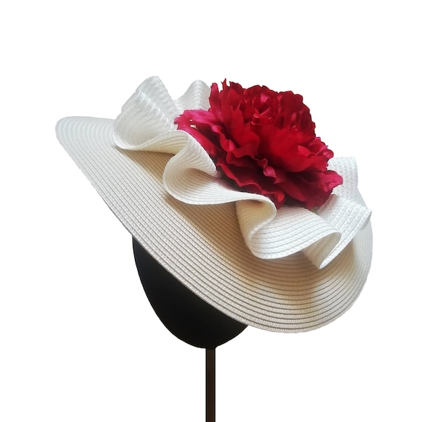 Coiffe de mariage beige, ivoire et rouge, fascinateur de fleur de pivoine