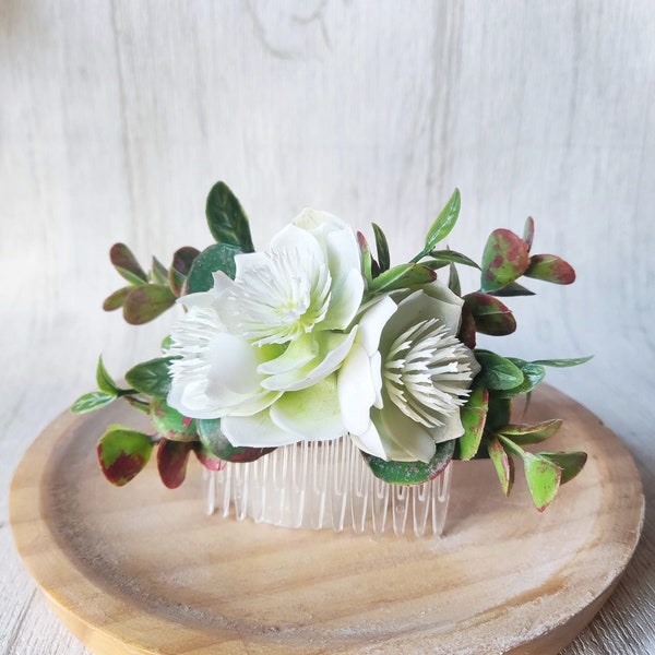 Succulent and eucalyptus bridal comb, White and green wedding hair piece