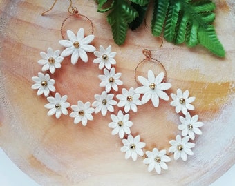 Extra large white and gold daisy flower hoop earrings, Boho hippie bridal jewelry