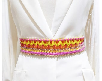 Yellow, orange and pink wedding sash belt, Boho embroidery bridal belt