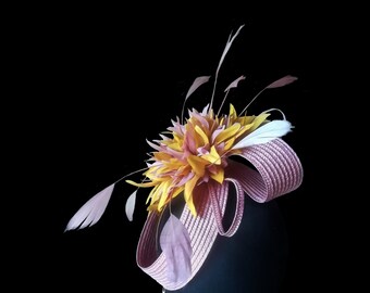 Pale pink wedding woman hat, Flower and feather race headpiece