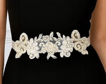 Ivory lace bridal sash. Embroidery wedding dress belt