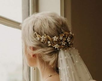 Bridal back headpiece with porcelain flowers, pistils and leaves