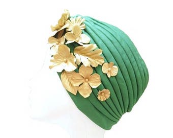 Green womens turban hat, Wedding headpiece, Vintage style