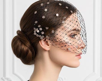 Black birdcage veil with Swarovski crystals and gold polka dots