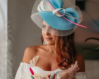 Light turquoise and white wedding fascinator, Wide brim Royal Ascot hat