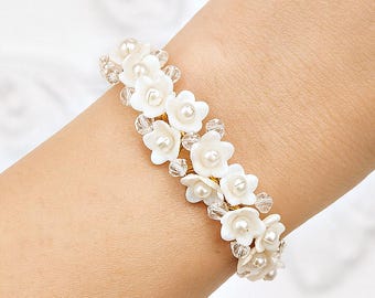 Floral bridal bracelet with Swarovski crystal, pearl and porcelain flowers