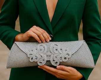 Silver statement clutch bag, Evening wedding purse, Straw handbag