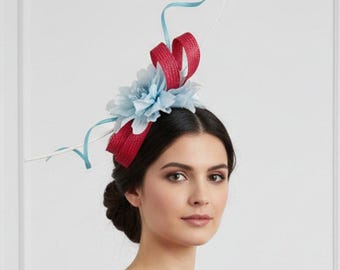 Red and sky blue sisal fascinator with flowers for wedding guests