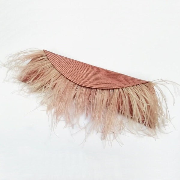 Evening clutch bag with feathers, Wedding statement straw handbag