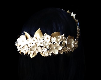 Floral bridal crown in ivory and gold, Porcelain flower and leaves halo crown