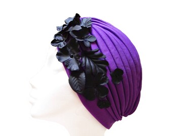 Purple turban hat with flower and leaves, Bridal hair piece, Gatsby headpiece