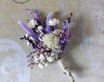 Purple and ivory preserved flower boutonniere, Groom floral mini bouquet