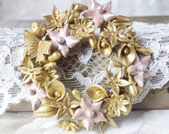 Gold and pale pink floral bridal brooch, Porcelain flower statement brooch