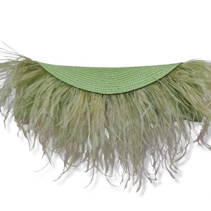May include: A light green straw hat with a wide brim and a feather trim.