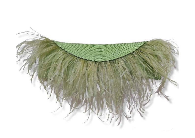 May include: A light green straw hat with a wide brim and a feather trim.