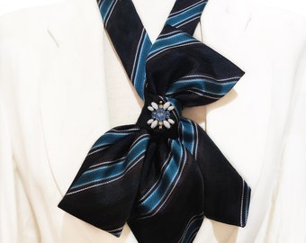 Blue striped necktie necklace, Upcycled silk tie fabric, Gift for her