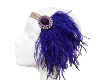 Purple and rose gold great gatsby headband with feathers, Flapper Art Deco hairpiece