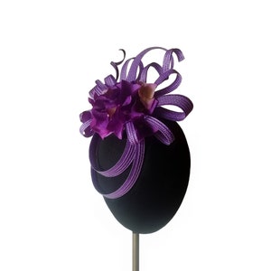 Purple fascinator hat with hydrangeas, Royal ascot derby millinery, Tea party headpiece