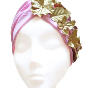 Pink turban hat with flower and leaves, Bridal hair piece, Women's hair accessories image 3