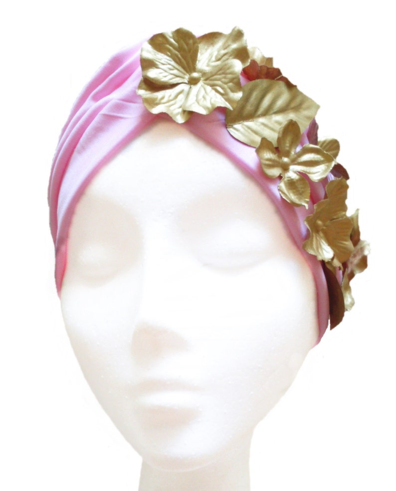 Pink turban hat with flower and leaves, Bridal hair piece, Women's hair accessories image 3