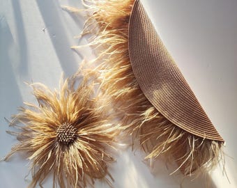 Brooch and clutch bag set. Bridal and wedding guest feather accessories.