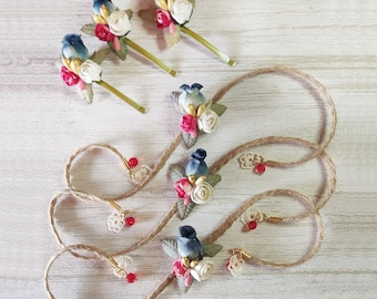 Rustic flowergirl corsage, Bridesmaid floral bracelet and hair pins