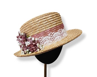 Straw hat with pink and white flowers, Flower girl hat