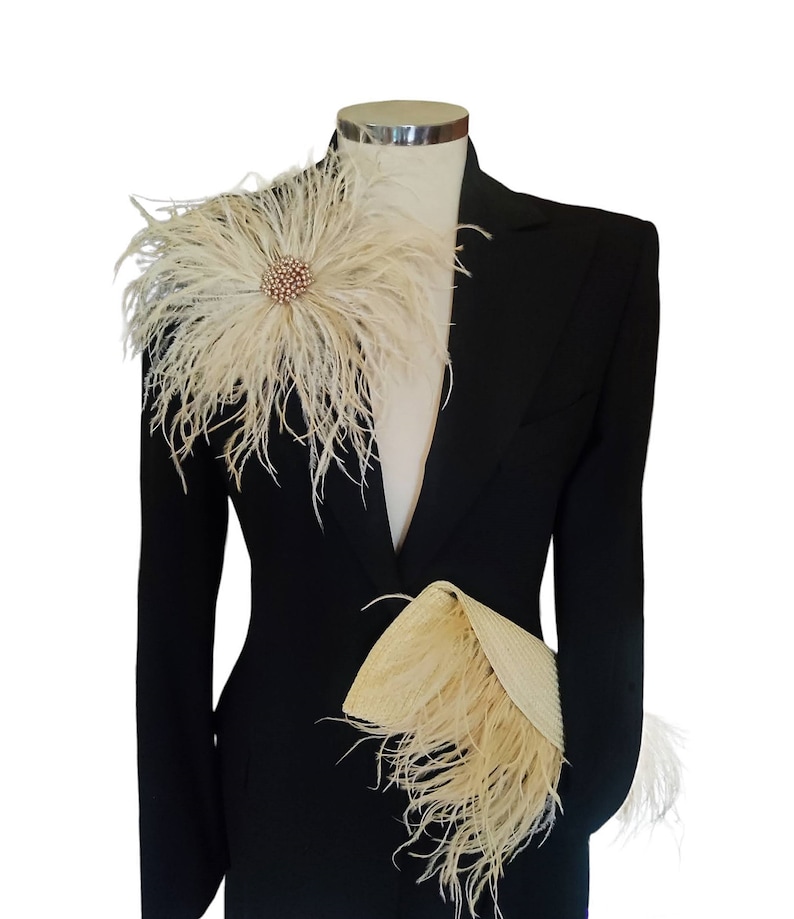 Evening clutch bag with feathers. Wedding statement straw handbag image 6