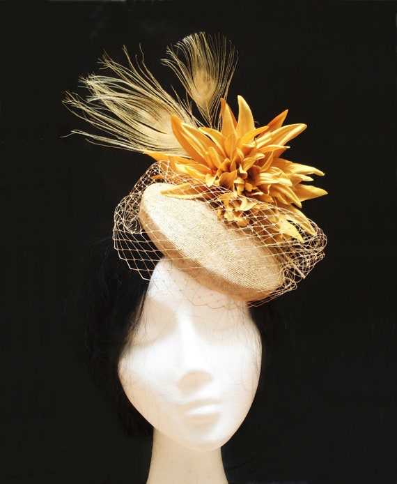 Mustard Pillbox Hat With Flower Veil 