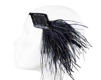 Black great gatsy feather headband, Embroidery flapper hairpiece