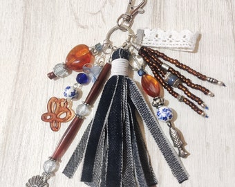 Blue and brown tassel keychain, Ethnic charm bag, Gift for her