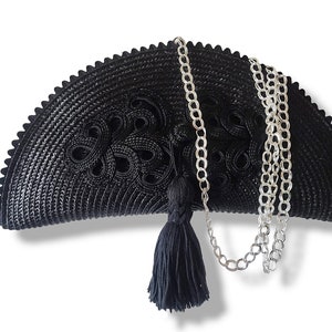 Clutch negro de noche, Bolso abanico con adorno de pasamanería imagen 8