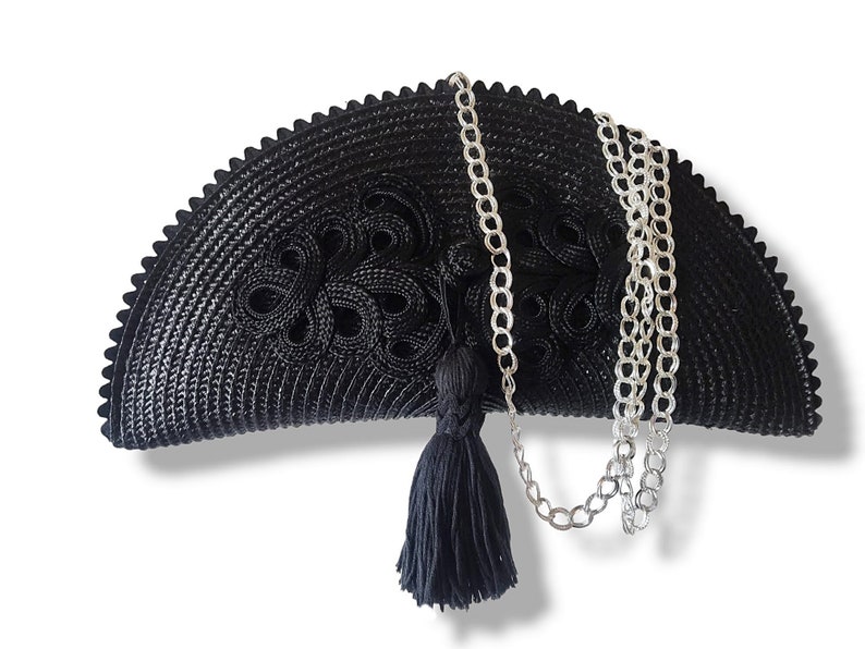 Clutch negro de noche, Bolso abanico con adorno de pasamanería imagen 8