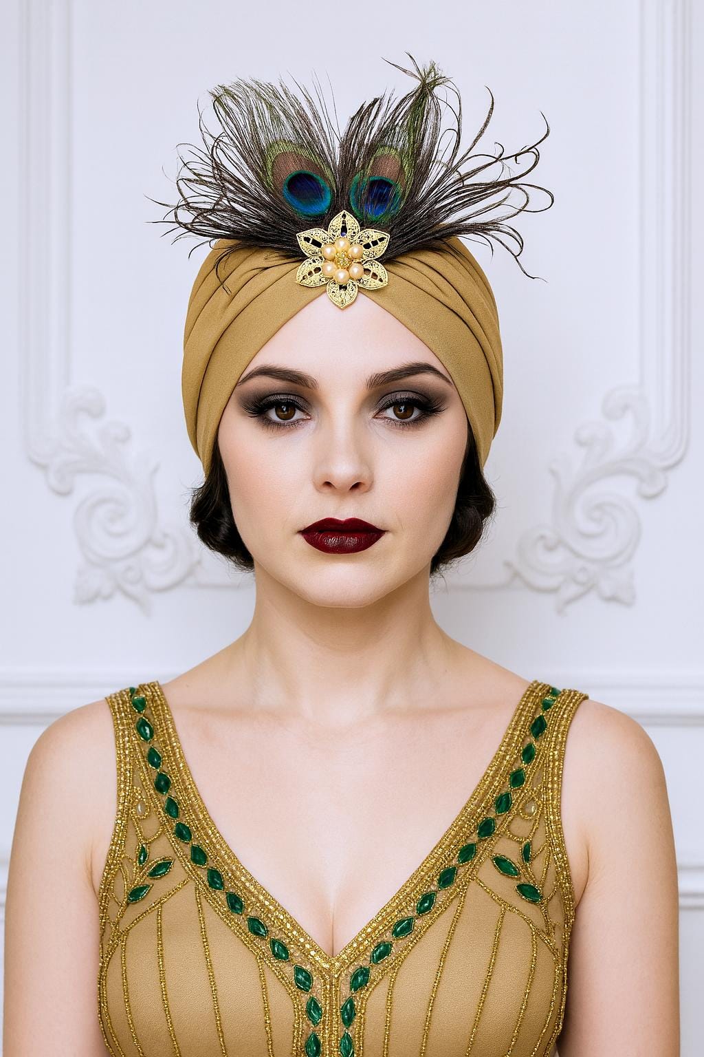 Feathered Turban Headpiece in Golden Tan and clip on earrings Peacock Feather Turban With Golden and Pearl Brooch. 1920s  main image 2
