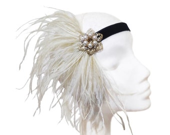 1920s headband with beige feathers and pearl ornament, Great gatsby hairpiece