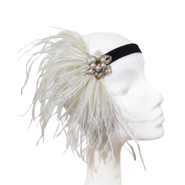 1920s headband with beige feathers and pearl ornament, Great gatsby hairpiece