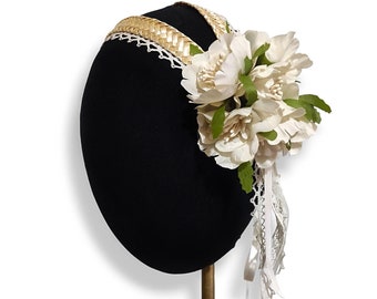 First communion double ivory headband, Flower and straw headpiece