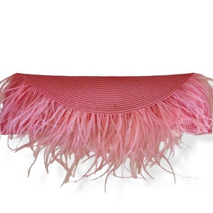Evening clutch bag with feathers. Wedding statement straw handbag image 9