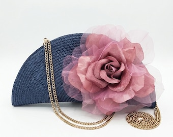 Straw fan clutch with flower for wedding guest, events and parties