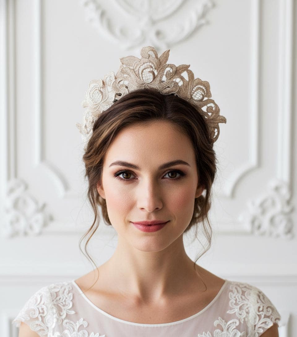 Gold Lace Bridal Crown. Renaissance / Medieval Style Halo  display picture 2