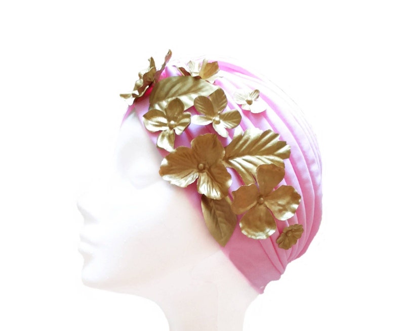 Pink turban hat with flower and leaves, Bridal hair piece, Women's hair accessories image 1