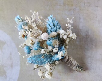 Sky blue and ivory dried flower boutonniere, Groom floral mini bouquet