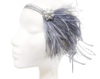 Gatsby silver gray feather headband. 1920s style headpiece.