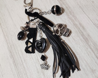 Black and silver tassel keychain, Skull charm bag, Gift for her