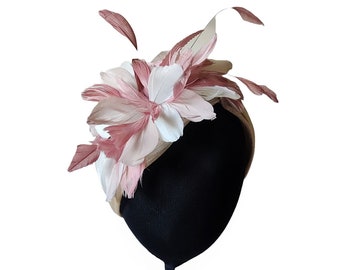 Champagne turban with pink and ivory feathers, Wedding headpiece
