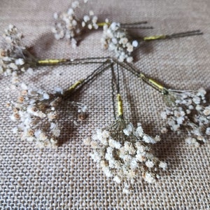 Puede incluir: Un conjunto de siete horquillas para el pelo con pequeñas flores blancas secas unidas a los extremos. Las horquillas están dispuestas en forma de estrella sobre un fondo de arpillera marrón.