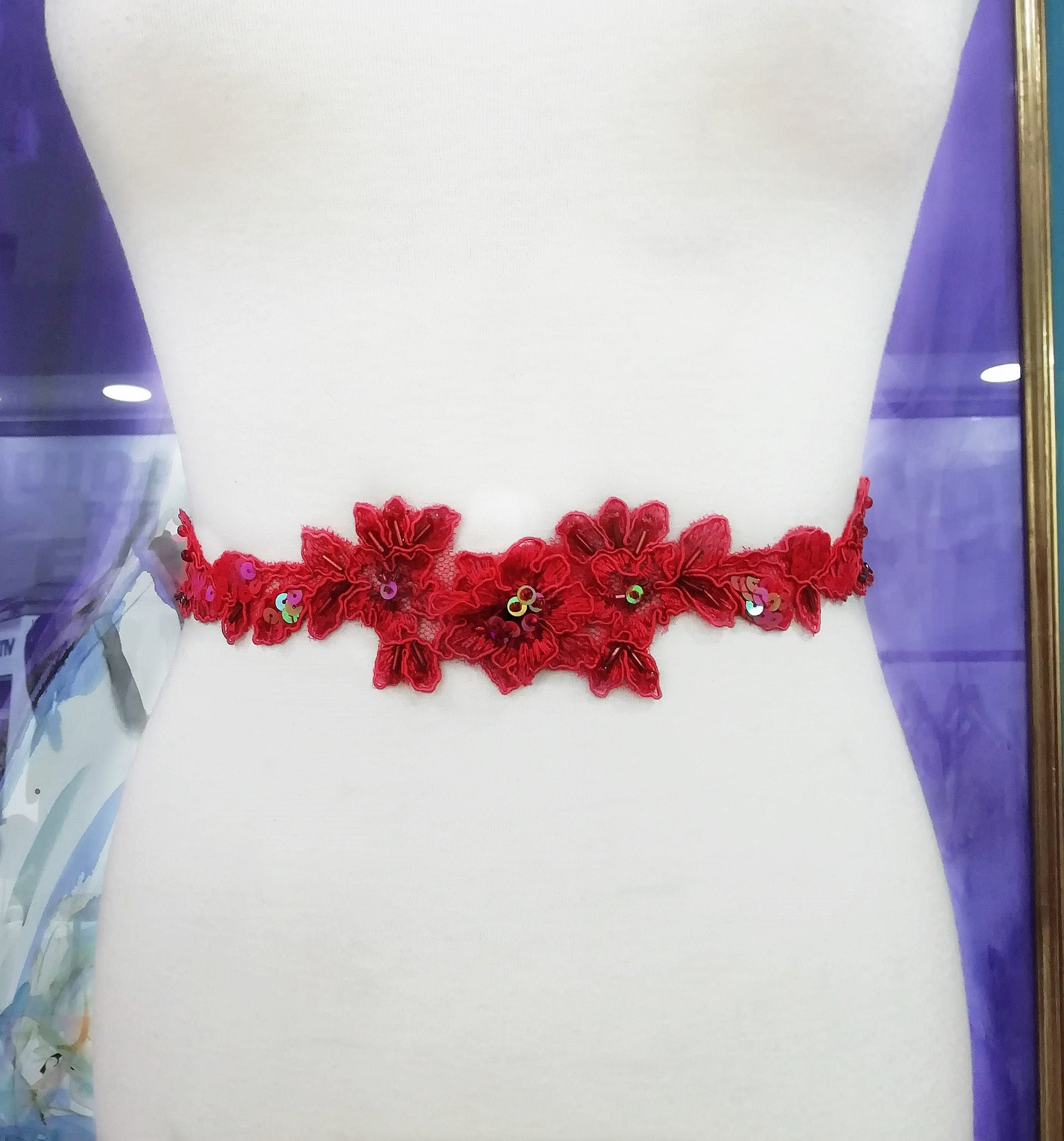 Cinturón fajín rojo novia flores de gasa para vestido de